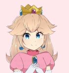  1girl artist_name bangs blonde_hair blue_eyes blue_gemstone border brooch chocomiru closed_mouth crown dress earrings gem happy jewelry long_hair looking_at_viewer mario_(series) non-web_source pink_background pink_dress princess_peach smile solo tiara upper_body 