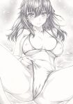  1girl bikini blush cameltoe covered_nipples fate/stay_night fate_(series) graphite_(medium) greyscale hair_ribbon legs long_hair looking_at_viewer matou_sakura mikuro monochrome navel ribbon solo spread_legs swimsuit traditional_media water 