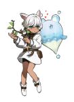  1girl animal_ears bangs belt belt_pouch black_shorts bow cat_ears elemental_(creature) final_fantasy final_fantasy_xiv floating footwear_bow full_body green_eyes hands_up heart highres holding holding_wand jacket knees_together_feet_apart long_sleeves looking_to_the_side low_twintails miqo&#039;te nervous parted_lips pouch shoes short_hair short_twintails shorts simple_background slit_pupils solo standing sweatdrop twintails wand white_background white_footwear white_hair white_jacket wuliu_heihuo y&#039;shtola_rhul younger 