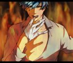  1boy aqua_hair biting blood blood_on_face blue_hair blurry bruise burning chikuwa_(dr0603) collarbone collared_shirt dirty dirty_face eyes_visible_through_hair fire glove_biting glove_in_mouth gloves grey_shirt hair_over_one_eye hand_up ichigo_hitofuri injury letterboxed long_sleeves looking_at_viewer male_focus mouth_hold pectoral_cleavage pectorals removing_glove shirt short_hair solo touken_ranbu white_gloves yellow_eyes 