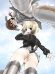  2girls animal_ears ass black_bow black_hair black_jacket blonde_hair blue_sky blurry bokeh bow breasts brown_eyes brown_hair cloud depth_of_field dog_ears dog_tail erica_hartmann facing_away gertrud_barkhorn grey_shirt highres jacket kurumiku528 light_blush looking_at_viewer looking_back low_twintails medium_breasts medium_hair multicolored_hair multiple_girls navel panties purple_eyes shirt sky smile streaked_hair strike_witches striker_unit tail thighs twintails underwear upshirt white_background white_panties world_witches_series 