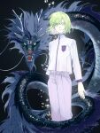  1boy bangs belt black_background bob_cut bubble cyhgm dragon eastern_dragon feet_out_of_frame green_eyes green_hair highres hikaru_no_go jacket long_sleeves looking_at_viewer male_focus pants purple_pants school_uniform short_hair simple_background standing touya_akira white_jacket 