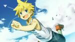  1boy blonde_hair blue_eyes blue_sky cloud collarbone dutch_angle fang happy kadokoa kagamine_len looking_at_viewer male_focus number_tattoo open_mouth outdoors paper_airplane red_footwear running shoes shorts shoulder_tattoo sky solo tank_top tattoo teeth vocaloid white_tank_top 