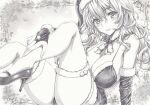  1girl atago_(kancolle) bikini breasts cleavage detached_sleeves graphite_(medium) hat high_heels kantai_collection legs long_hair looking_at_viewer mikuro monochrome santa_costume santa_hat smile solo swimsuit thighhighs traditional_media white_thighhighs 