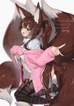  1girl animal_ear_fluff animal_ears ass bangs black_thighhighs blurry blurry_background blush breasts brown_hair brown_thighhighs cardigan collared_shirt commission dressing fang fox_ears fox_girl fox_tail from_side green_eyes half-closed_eyes highres kitsune kneeling large_breasts large_tail long_hair long_sleeves looking_at_viewer looking_to_the_side mayuri_kaichou multiple_tails necktie open_cardigan open_clothes open_mouth open_shirt original pink_cardigan red_necktie shirt signature simple_background sleeves_past_wrists smile solo striped striped_legwear tail tail_raised teeth thighhighs very_long_hair watermark wet wet_clothes wet_shirt white_background white_shirt 