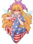  1girl absurdres ahoge alternate_hair_color american_flag_dress american_flag_pants bangs blush breasts clownpiece commentary_request dress eyes_visible_through_hair fairy_wings fang hair_between_eyes hands_up hat highres jester_cap jumping long_hair looking_to_the_side mugi_(mugimugi_9kv) neck_ruff no_shoes open_mouth orange_hair pants polka_dot purple_eyes purple_headwear short_sleeves simple_background small_breasts smile solo star_(symbol) star_print striped striped_dress striped_pants tongue touhou white_background wings 