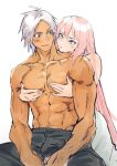  1boy 1girl abs alphen_(tales) alternate_hairstyle bangs blue_eyes blush breasts couple dark-skinned_male dark_skin dress embarrassed groping hair_between_eyes hair_down hetero long_hair muscle_awe muscular muscular_male nukegara102 official_alternate_hairstyle pectorals pink_hair shionne_(tales) sidelocks tales_of_(series) tales_of_arise very_long_hair white_dress white_hair 