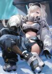  1girl :o animal_ears arknights aurora_(arknights) bear_ears bear_girl black_gloves black_hairband blue_eyes blue_pants blue_sky breasts clothing_cutout commentary cropped_jacket extra_ears full_body gloves hair_over_one_eye hairband highres infection_monitor_(arknights) jacket large_breasts long_hair long_sleeves nima_(niru54) outdoors pants parted_lips paw_shoes sky snow solo thigh_cutout thighlet white_hair white_jacket 