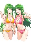  2girls ;d bangs bare_arms bare_shoulders bikini breasts chuu_(rinet) commentary_request cropped_legs erinys_(fire_emblem) fire_emblem fire_emblem:_genealogy_of_the_holy_war fire_emblem:_mystery_of_the_emblem green_eyes green_hair hand_up highres holding_hands long_hair looking_at_viewer medium_breasts multiple_girls navel one_eye_closed open_mouth orange_bikini outdoors palla_(fire_emblem) pink_bikini side-tie_bikini simple_background sky smile standing stomach swimsuit thighs very_long_hair white_background yellow_bikini 