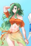  1girl absurdres annand_(fire_emblem) arm_behind_head arm_up bare_shoulders bead_necklace beads bikini blue_background bow_(weapon) breasts commentary_request cosplay cowboy_shot elincia_ridell_crimea elincia_ridell_crimea_(cosplay) fire_emblem fire_emblem:_genealogy_of_the_holy_war fire_emblem:_radiant_dawn fire_emblem_heroes flower green_eyes green_hair hair_flower hair_ornament highres holding holding_bow_(weapon) holding_weapon jewelry long_hair medium_breasts navel necklace off-shoulder_bikini off_shoulder orange_bikini red_flower sarong see-through short_sleeves simple_background solo standing stomach swimsuit ta_dasu_(tadasu_hayashi) thighs very_long_hair weapon 