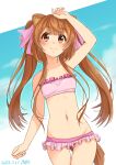  1girl animal_ears brown_eyes child female_child gecotan hair_ribbon long_hair navel pink_ribbon pink_swimsuit raccoon_ears raccoon_girl raccoon_tail raphtalia ribbon smile solo swimsuit tail tate_no_yuusha_no_nariagari twintails very_long_hair 