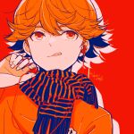  1boy :q akari-mmnk bangs cable drop_shadow earphones flipped_hair hand_up hikaru_no_go limited_palette looking_afar male_focus mitani_yuuki orange_eyes orange_hair orange_shirt portrait red_background red_eyes scarf shirt short_hair simple_background solo striped striped_scarf t-shirt tongue tongue_out twitter_username 