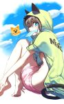  1girl animal_ear_headwear barefoot black_tail blue_eyes blue_sky brown_hair cloud day fish_in_mouth food food_in_mouth from_side green_hoodie highres hood hoodie looking_at_viewer mouth_hold original pink_shorts shorts sky solo wattaro 