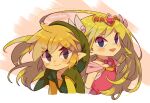  1boy 1girl artist_name belt blonde_hair blue_eyes blush commentary_request dress floating_hair full_body gloves green_headwear grey_gloves hair_ornament highres holding jewelry link long_hair multicolored_hair necklace pink_dress pointy_ears princess_zelda simple_background smile the_legend_of_zelda the_legend_of_zelda:_spirit_tracks the_legend_of_zelda:_the_wind_waker tiara tokuura 