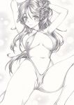  1girl amagi_(kancolle) arms_behind_head arms_up blush breasts cameltoe covered_nipples flower graphite_(medium) hair_flower hair_ornament kantai_collection legs looking_at_viewer mikuro monochrome navel slingshot slingshot_swimsuit smile solo swimsuit traditional_media 
