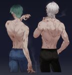  2boys aohitsugi_samatoki ass back black_pants blood blood_on_arm blood_on_back blood_on_clothes blood_on_face blood_on_hands blood_on_leg blue_pants bruise cigarette cuts facing_away gradient gradient_background green_hair hand_up highres holding holding_cigarette hypnosis_mic injury leeis_cool male_focus median_furrow multiple_boys nurude_sasara pants short_hair side-by-side smoke smoking tight tight_pants toned toned_male topless_male twitter_username white_hair wiping_blood wiping_face 