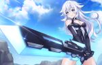  1girl bare_shoulders black_heart blue_eyes blush breasts cleavage elbow_gloves giga-tera gloves holding holding_sword holding_weapon leotard licking_lips long_hair medium_breasts neptune_(series) power_symbol smile solo sword symbol-shaped_pupils tongue tongue_out twintails very_long_hair weapon white_hair 
