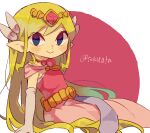  1girl artist_name belt blonde_hair blue_eyes blush commentary_request dress floating_hair full_body gloves grey_gloves hair_ornament highres holding jewelry long_hair multicolored_hair necklace pink_dress pointy_ears princess_zelda simple_background sitting skirt skirt_hold smile solo the_legend_of_zelda the_legend_of_zelda:_the_wind_waker tiara tokuura 