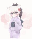  1girl aardwolf_(kemono_friends) aardwolf_ears aardwolf_girl back_bow black_bow black_hair blush bow commentary_request extra_ears flower hair_between_eyes hair_flower hair_ornament highres japanese_clothes kemono_friends kimono kuromitsu_(9633_kmfr) long_sleeves looking_at_viewer multicolored_hair ponytail purple_eyes purple_kimono short_hair solo sweatdrop two-tone_hair upper_body white_hair 