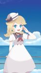  1girl alternate_costume bangs blonde_hair blue_eyes brooch chocomiru dress earrings happy jewelry long_hair looking_at_viewer mario_(series) medium_hair non-web_source princess_peach sailor_dress sky water 