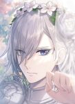  1boy bad_link bangs blue_eyes blurry chorefuji closed_mouth commentary_request flower hair_flower hair_ornament hair_over_one_eye hairband hand_up leaf looking_at_viewer male_focus portrait silver_(twisted_wonderland) solo turtleneck twisted_wonderland white_flower 