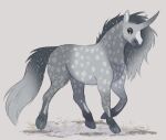  ambiguous_gender black_body black_eyebrows black_fur black_mane black_tail equid equine eyebrows feral fur gradient_mane grass grey_body grey_ears grey_fur grey_hooves grey_horn grey_mane grey_tail hi_res hooves horn lou_(princelykaden) mammal mane plant princelykaden sharp_horn side_view simple_background solo spots spotted_back spotted_legs spotted_neck tapering_horn unicorn white_background white_body white_fur white_inner_ear white_spots 