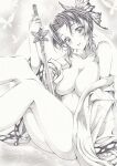  1girl breasts butterfly_hair_ornament cleavage empty_eyes graphite_(medium) hair_ornament japanese_clothes kimetsu_no_yaiba kochou_shinobu legs looking_at_viewer mikuro monochrome no_bra short_hair solo sword traditional_media weapon 