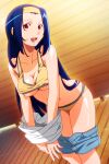  1girl asahina_yurina blue_hair bra clothes_pull feet_out_of_frame hairband indoors long_hair mole mole_under_mouth non-web_source official_art panties red_eyes shiny shiny_skin short_shorts shorts shorts_pull solo sports_bra standing super_real_mahjong tanaka_ryou underwear yellow_bra yellow_panties 