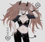  1girl bangs black_horns black_pants blonde_hair blue_eyes bow breasts cleavage clothing_request collar collarbone commentary_request cowboy_shot danganronpa:_trigger_happy_havoc danganronpa_(series) enoshima_junko fang grey_background hair_ornament heart horns long_hair looking_at_viewer nail_polish navel necktie pants red_nails sema_(vivaviva_02) simple_background skin_fang smile solo spiked_collar spikes symbol-only_commentary twintails v 