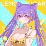  absurdres bare_shoulders blue_background breasts candy chain_earrings choker cleavage earrings flower food fruit genshin_impact hair_flower hair_ornament hairpin heart highres jewelry kelixi keqing_(genshin_impact) lemon lemon_slice lime_(fruit) lime_slice lollipop pink_eyes purple_hair shirt smiley_face split_ponytail star_(symbol) tank_top two-tone_background yellow_background yellow_shirt yellow_tank_top 