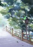  architecture blush_stickers bridge day east_asian_architecture ekubo_(mob_psycho_100) fire green_fire highres hiromi_(hrmkn) hitodama lantern leaf mob_psycho_100 no_humans outdoors railing running_bond solo tree 