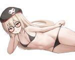  1girl artist_request bare_arms bare_shoulders beret bikini black_bikini black_headwear blonde_hair blush breasts bright_pupils cleavage collarbone commission girls&#039;_frontline glasses grin groin hat head_rest highres long_hair looking_at_viewer lying navel on_side red_eyes round_eyewear second-party_source simple_background small_breasts smile solo stomach strap_pull string_bikini swimsuit thighs type_80_(girls&#039;_frontline) very_long_hair white_background 