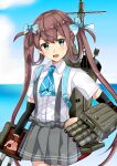  1girl absurdres adapted_turret arm_warmers asagumo_(kancolle) ascot blue_ascot blue_sky brown_hair cannon cloud commentary_request commission cowboy_shot day flat_chest grey_eyes grey_skirt hair_ribbon highres himura_moritaka horizon kantai_collection long_hair looking_at_viewer machinery ocean outdoors pleated_skirt ribbon shirt skeb_commission skirt sky solo standing suspender_skirt suspenders torpedo_launcher turret twintails white_shirt 