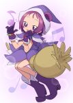  1girl :d bad_link beads boots chorefuji commentary_request dress earrings eyelashes full_body gloves hands_up hat highres jewelry looking_at_viewer musical_note ojamajo_doremi one_side_up open_mouth purple_dress purple_eyes purple_footwear purple_gloves purple_hair purple_headwear segawa_onpu short_hair smile solo tongue 