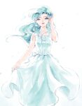  1girl aqua_dress aqua_eyes aqua_hair bangs bare_arms bare_shoulders bishoujo_senshi_sailor_moon breasts dossei dress earrings feet_out_of_frame fish_eye_(sailor_moon) floating_clothes floating_hair genderswap genderswap_(mtf) hair_tucking half-closed_eyes hand_up highres jewelry lipstick long_hair looking_at_viewer makeup parted_bangs parted_lips red_lips ribbon simple_background skirt_hold sleeveless sleeveless_dress solo white_background wind 