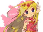  1girl artist_name belt blonde_hair blue_eyes blush commentary_request dress floating_hair full_body gloves grey_gloves hair_ornament highres holding jewelry long_hair multicolored_hair necklace pink_dress pointy_ears princess_zelda simple_background skirt skirt_hold smile solo the_legend_of_zelda the_legend_of_zelda:_the_wind_waker tiara tokuura 