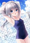  1girl bangs black_swimsuit blue_eyes blue_sky breasts cloud cowboy_shot fence grey_hair highres long_hair looking_at_viewer one-piece_swimsuit open_mouth original outdoors sky small_breasts solo standing suzuno_naru swimsuit water 