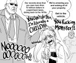  1girl 2boys absurdres arm_hair arrest bald bb_(baalbuddy) beard black_dress crying crying_with_eyes_open cuffs dress english_text facial_hair fat fat_man formal glasses handcuffs highres irs italy left-to-right_manga multiple_boys necktie original profanity suit sunglasses tears twintails vampire 