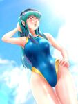  :o alternate_costume arm_behind_head ass_visible_through_thighs blue_swimsuit breasts clothes_writing cloud competition_swimsuit cowboy_shot day dutch_angle fingernails green_hair hand_on_hip highres hiyama_yuu_(wee259hiyama) horns large_breasts long_fingernails lum one-piece_swimsuit pointy_ears sky standing swimsuit urusei_yatsura wet wet_clothes wet_hair wet_swimsuit yellow_eyes yellow_swimsuit 