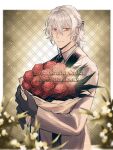  1boy anniversary antonio_salieri_(fate) black_gloves black_necktie blurry blurry_background blurry_foreground bouquet braid closed_mouth collared_shirt copyright_name fate/grand_order fate_(series) flower gloves green_background grey_hair grey_jacket hair_between_eyes half_updo highres holding holding_bouquet itokon300 jacket looking_at_viewer male_focus medium_hair necktie official_alternate_costume outside_border patterned_background plant red_eyes red_flower red_rose rose shirt solo stole striped striped_jacket suit_jacket upper_body white_shirt 