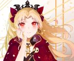  1girl blonde_hair blush cape commentary earrings ereshkigal_(fate) fate/grand_order fate_(series) hand_in_own_hair jewelry looking_at_viewer red_cape red_eyes red_ribbon ribbon signature skull skull_collar smile solo tiara user_aatr2737 