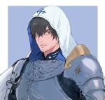  1boy adventurer_(ff14) armor bangs blue_eyes brown_hair facial_hair final_fantasy final_fantasy_xiv full_armor grey_background hair_between_eyes highres hood hood_up hyur looking_at_viewer male_focus on_(isk1812) paladin_(final_fantasy) short_hair stubble 