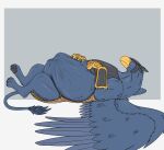  after_vore armor avian beak belly big_belly duo feral feral_pred gryphon gryphon_pred headgear helmet hi_res jagg_(thatgryphonguy) lying male male_pred mythological_avian mythology on_back simple_background thatgryphonguy unwilling_prey vore wings 