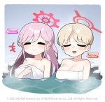  2girls bathing blue_archive blush breasts closed_eyes closed_mouth copyright donmin_h english_commentary hair_between_eyes halo large_breasts light_brown_hair marina_(blue_archive) multiple_girls official_art onsen open_mouth partially_submerged pink_eyes pink_hair short_hair smile tomoe_(blue_archive) towel 