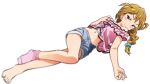  1girl akizuki_ritchan baba_konomi bangs blue_eyes blue_scrunchie blue_shorts blurry blush bra bra_peek braid breasts brown_hair calvin_klein commentary_request denim denim_shorts dot_nose frilled_shirt frills hair_flaps half-closed_eyes hand_on_own_chest highres idolmaster idolmaster_million_live! legs looking_at_viewer lying medium_hair midriff navel over_shoulder pink_shirt pink_socks scrunchie seductive_smile shirt shorts single_sock small_breasts smile socks solo thighs underwear v-shaped_eyebrows white_bra 