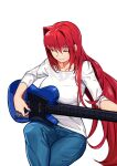  1girl absurdres aozaki_aoko bangs blue_pants breasts closed_eyes closed_mouth collarbone commentary_request cqqz0707 crossed_legs denim guitar hair_between_eyes hair_intakes highres holding holding_instrument instrument jeans large_breasts long_hair melty_blood pants plectrum red_hair shirt simple_background sitting sleeves_rolled_up smile solo t-shirt tsukihime very_long_hair white_background white_shirt 