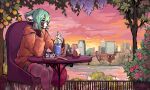  absurd_res ailurid anthro beverage bottomwear cake chair city cityscape clothing cloud dessert detailed_background flower food furniture girly green_hair hair head_on_hand hi_res hoodie legwear looking_away male mammal mika_(hootsalot) on_chair outside pattern_clothing pattern_legwear plant red_body red_panda river shorts sitting sitting_on_chair solo striped_clothing striped_legwear stripes sunset table topwear tree whollysensei 