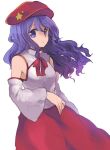  1girl :/ bare_shoulders bow bowtie breasts cabbie_hat commentary_request detached_sleeves flat_cap floating_hair hat hat_ornament label_girl_(dipp) long_hair long_skirt long_sleeves mandarin_collar purple_eyes purple_hair red_bow red_bowtie red_headwear red_skirt shukinuko skirt small_breasts star_(symbol) star_hat_ornament touhou vest white_sleeves white_vest wide_sleeves 