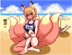  animal_ears beach breasts chen cleavage fox fox_ears fox_girl fox_tail hat large_breasts looking_at_viewer mob_cap multiple_tails pixel_art sand school_swimsuit sitting swimsuit tail thighs touhou umbrella unk_kyouso water yakumo_ran yakumo_yukari yellow_eyes 