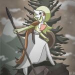  2021 cape clothing dated detailed_background female fine_art_parody gardevoir green_hair hair hair_over_eye hi_res humanoid knife_sheath lynofdeath melee_weapon monochrome nintendo not_furry one_eye_obstructed pok&eacute;mon pok&eacute;mon_(species) polearm red_eyes sepia shield solo spear valkyrie video_games weapon 